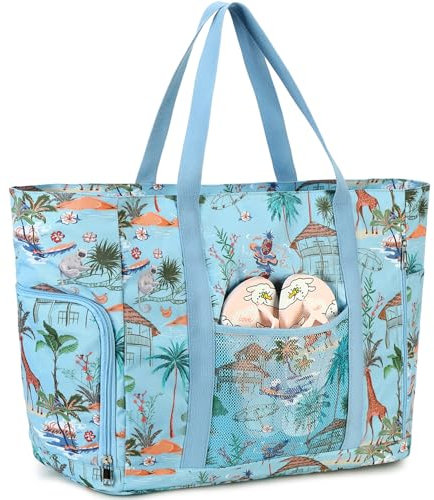 JANSBEN Strandtasche XXL Familie mit Schuhfach - Badetasche Damen Große mit Reißverschluss Wasserdicht Sanddicht Beach Bag Leichte Shopper Schultertasche Schwimmtasche für Strand Reisen Blau