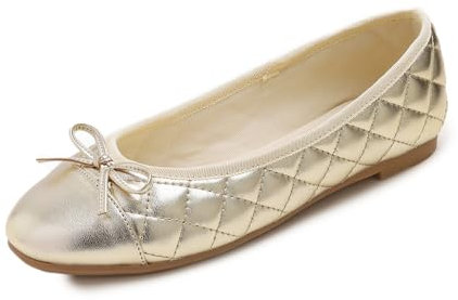 Feversole Women's Bow Tie Fashion Dress Slip On Shoes Round Toe Ballet Gold Quilted Toe Cap UK Size 6