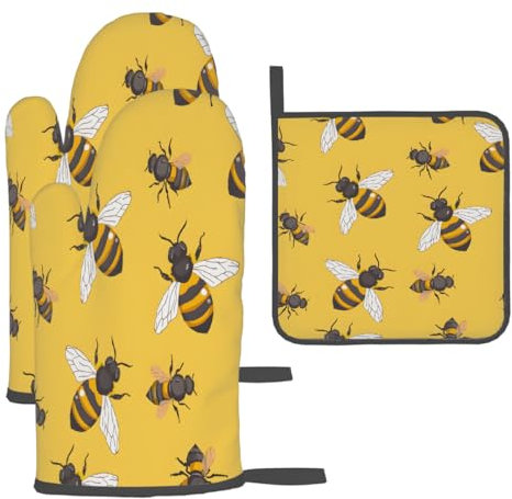 Animals Bees Yellow Bee Oven Mitts and Pot Holders BBQ Gloves Heat Resistant Kitchen Gloves Hot Pads for Cooking Grilling Baking