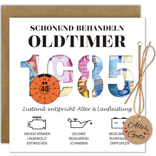 WenmthG Geldgeschenke Geburtstag 40 mit Umschlag, Karte 40 Geburtstag Mann - Lustig Geschenke zum 40 Geburtstag Mann - Schonend Behandeln 1985 Oldtimer