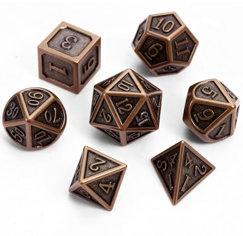 GWHOLE 7 Stück Polyedrische Würfel Metall DND Würfel Set Würfelset Spielwürfel Dice D&D Würfel Zubehör Dungeons and Dragons Würfel für RPG MTG Rollenspiel Tischspiele, Antikes Kupfer
