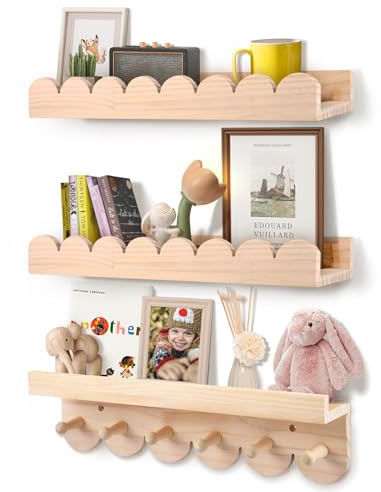 Strixorn 3er Set Bücherregal Kinder Wand, Wandregal Kinderzimmer 40cm, Holz Wandregal Bücher Schweberegale mit Holzhaken für Spielzimmer Schlafzimmer Wohnzimmer,Montessori Regal