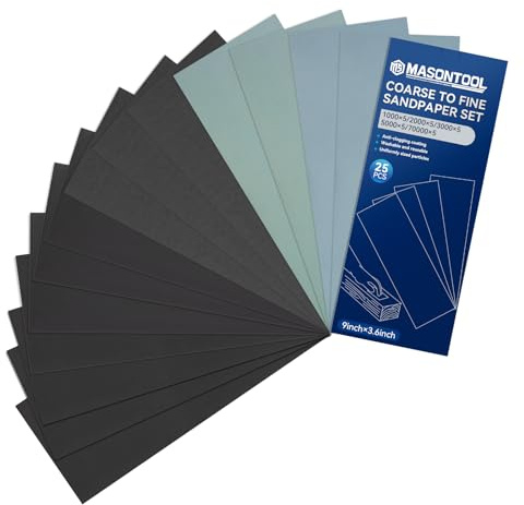 Papel de Lija,Juego de 25 hojas de lija fina 1000/2000/3000/5000/7000 grano, lija húmeda/seca, 9 x 3,6 Inch, apta para automóviles, acabado de muebles de resina y acabado de torneado de piedra
