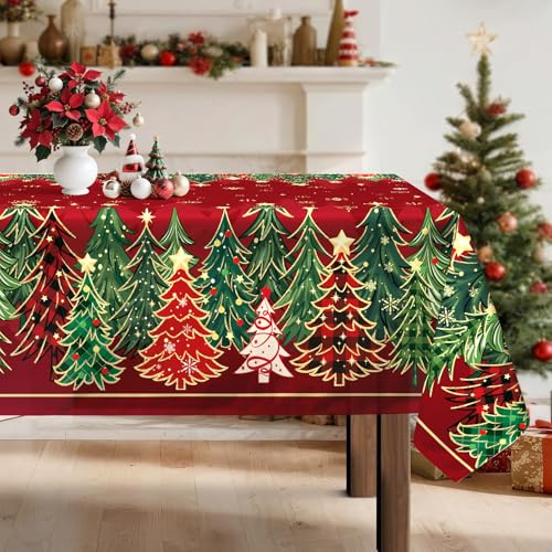 Arquiel Weihnachten Weihnachtsbaum Polyester Tischdecke 152 x 264 cm | Waschbare Polyester-Tischdecke mit dekorativem Muster-Motiv, wasserabweisend und pflegeleicht für Küche, Esszimmer, Feste und