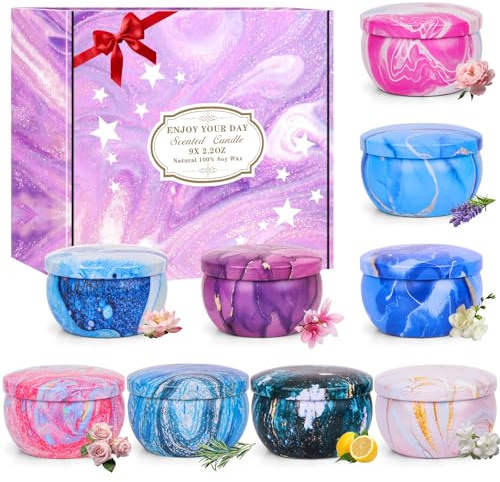 Duftkerzen Geschenke für Frauen, 9 x 2,5 oz Kleine Weihnachtsgeschenke, 180 Stunden Brenndauer - Natürliches Sojawachs Kerze Geschenke set für Muttertag, Weihnachten, Valentinstag, Geburtstag