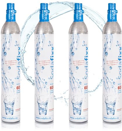 Sodafixx 4x CO2 Zylinder 60L Sprudelwasser - Kohlensäure Zylinder zum Einschrauben für Sodafixx Wassersprudler - Kompatibel mit vielen Wassersprudlern mit Schraubverschluss - abgefüllt in Deutschland