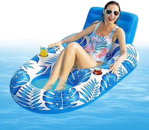 Aufblasbarer Lounger – 63 x 47 Zoll, schwimmender Pool, neigbarer Floßsessel, Sonnenliege aus robustem PVC | neigbarer Holzpool für Gartenpartys mit Po