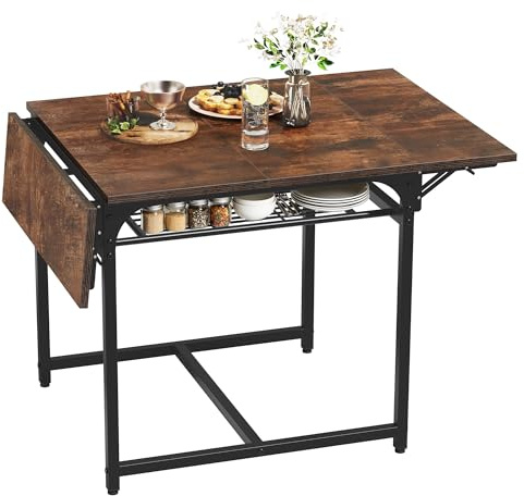 YITAHOME Mesa de Comedor Plegable, Mesa de Hoja de Gota Extensible con Estante de Almacenamiento y 4 Patas Ajustables, Asientos para 2-6 Personas, 120 x 78 x 75 cm, marrón rústico y Negro