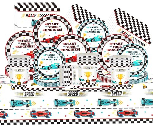 81 Pezzi Car Stoviglie per Feste di Compleanno，Car Addobbi Compleanno，Tovaglia，Piatti Carta，Adatto a 20 persone