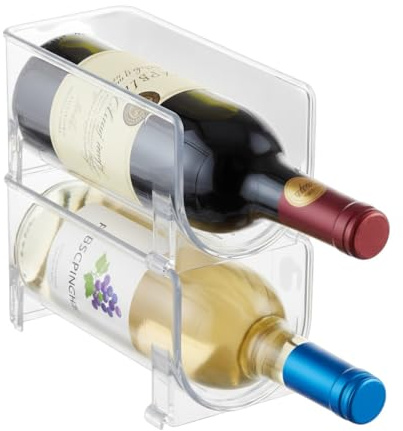 Pack Botellero apilable para Cocina, frigorífico, Bar y Bodega Botella de Agua, Vino Champán, Transparente, Universal, Plástico Pet (2 Peldaños Individuales 2 Botellas)
