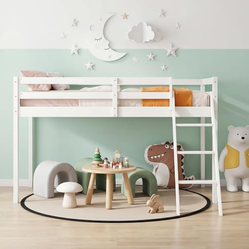 Panana Mid Sleeper With Ladder, Cabin Loft Bunk Bed Solid Pine Single Bed for Kids,Child (White, 01 Bunk)