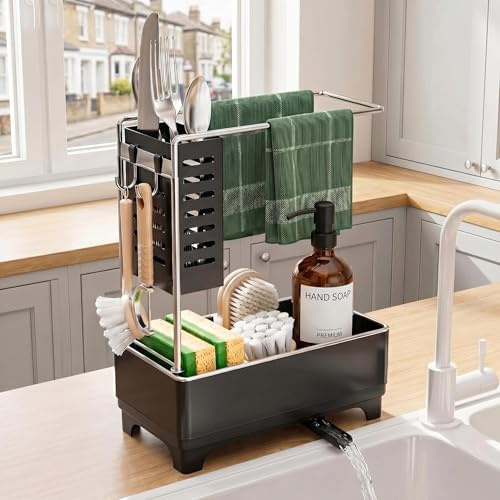 MIUSITE Kitchen Sink Caddy, Self-draining Tray Sink Tidy Organizer with Removable Basket, Stainless Steel Sponge Holder, Dishcloth Holder for Countertop Bathroom Kitchen Storage & Organisation (Black)