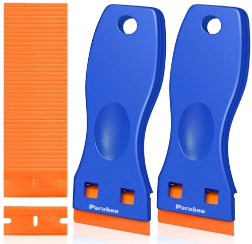 2PCS Plastic Scraper with 100 Plastic Blades Multipurpose Non-Scratch Scrapers Tool Kit for Cleaning Labels, Decals, Stickers, Adhesive, Paint, Glass, Car Windows (100Blade + 2 Scraper)
