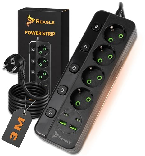 Reagle Steckdosenleiste mit 4 USB - 2X USB 2X USB-C, 4-Fach 230V, Mehrfachsteckdose mit Save Energy-Schalter, 2500W zum Stromsparen für Home Office mit Überspannungsschutz 3M