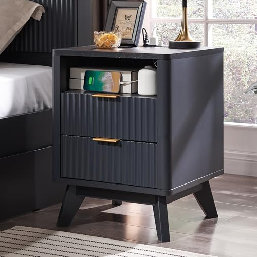 AetherWood Nachttisch mit Ladestation, Moderner Rillen-Nachtschrank mit 2 Schubladen, Beistelltisch mit Marmor-Optik Melaminplatte, Gewölbtes Design, für Schlafzimmer & Wohnzimmer, Dunkelgrau