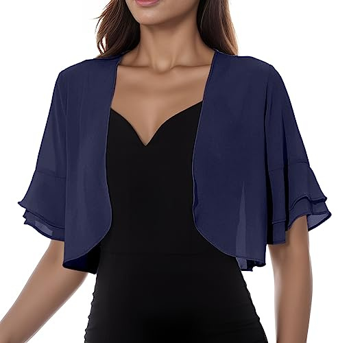 Bolero Femme Chic Et Elegant - Châle pour Robe De Soirée Mariage Gilet Manches Courtes Mousseline Veste Courte Cardigan Tailleur Ivoire Crochet Voile Cérémonie Cape Cache Epaule Legere Vêtements