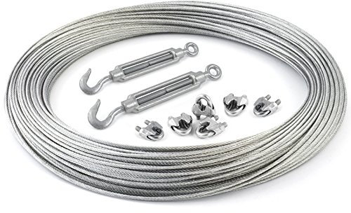COJUNTO 25m cuerda de alambre galvanizado 8mm hebra: 6x19 + 6 abrazaderas + 2 tensores ojetes/gancho