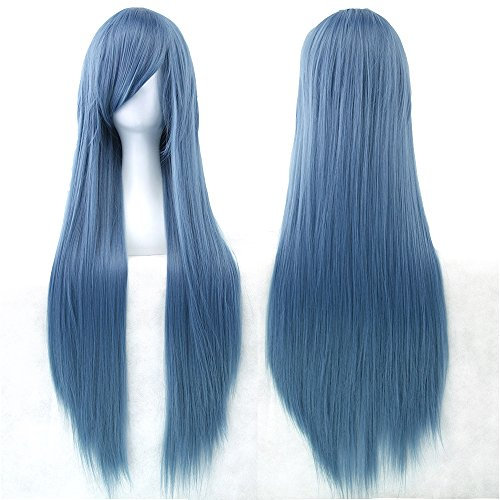 Fouriding 31 Army Blue Women's Long Straight Cosplay Party Wigs Hairpieces Hair Cap Lolita Style Anime Wig