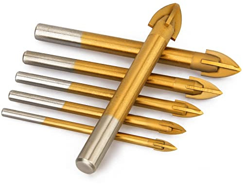 Hakkin 6pcs Titanium Coated Glass Drill Bits Set 4 Cutting Edges Cross Spear Head Drill with Hex Shank for Ceramic Tile Marble Mirror and Glass, 4mm 5mm 6mm 8mm 10mm 12mm