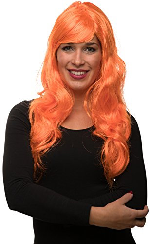 Sexy Langhaar Damen Frauen Perücke lockig/gewellt für Fasching Karneval Motto Party - 13 Farben (Orange)