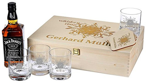 polar-effekt 10-TLG Whisky Geschenk-Set - 4 Gläser, 4 Untersetzer und Whiskey-Karaffe in Geschenkbox Personalisiert zum Geburtstag mit Gravur - Motiv Whisky time
