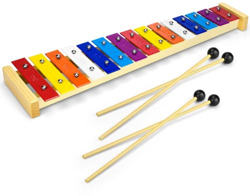 CeleMoon Xylophon-Glockenspiel aus natürlichem Holz, mit mehrfarbigen Metallstäben, inklusive Zwei Sets Holzschlägel, 15 Farbtöne