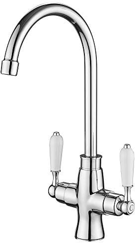 Heable Robinet mitigeur pour évier de cuisine en céramique blanche avec double levier monobloc et bec pivotant Chromé avec raccords standard britanniques