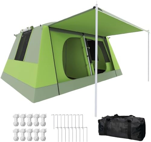 Outsunny Tenda da Campeggio a Tunnel per 4 Persone con 2 Stanze, Tenda Campeggio Familiare Impermeabile 3000mm con Porta, Finestre Laterali e Tasche, 405x305x225cm, Verde