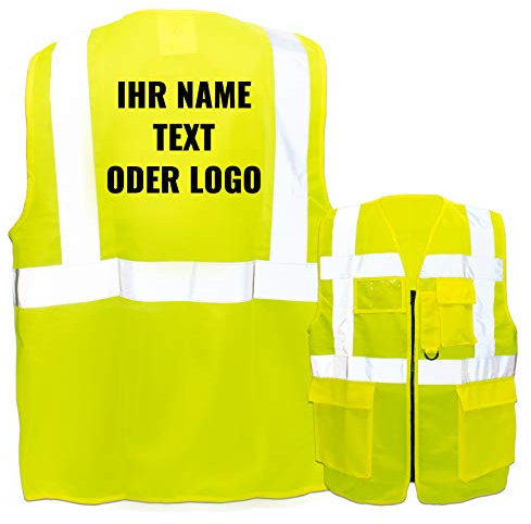 Warnweste mit Reißverschluss und Taschen * Druck auf Rücken/Standard-Druck * Farbe & Größe: Gelb/Größe L * Aufdruck selbst gestalten * Bedruckt mit Design Foto Text Logo