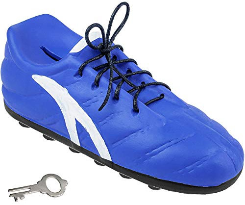 alles-meine.de GmbH 3D Effekt Spardose - Fußballschuh/Schuh - Sportschuh - blau & weiß - mit Schlüssel und Schloss - mit echten Schnürsenkel ! - 23 cm - stabile Sparbüchse au..