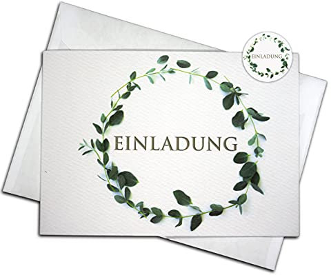 15er Einladungskarten-Set mit Umschlägen & Stickern - Eukalyptus Design. Perfekt für Hochzeit, Taufe, Konfirmation, Kommunion, Ruhestand, Geburtstage & mehr - Blanko Klappkarten