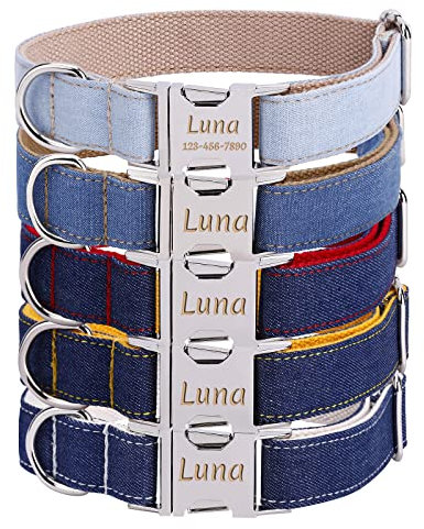 JH Personalised Dog Collar with Name Plate, Adjustable Tough Nylon Customize Engraved ID Collar with Metal Buckle, Options to Matching Style Leash and Bowtie(XS, S, M, L, XL) (Jean Style)