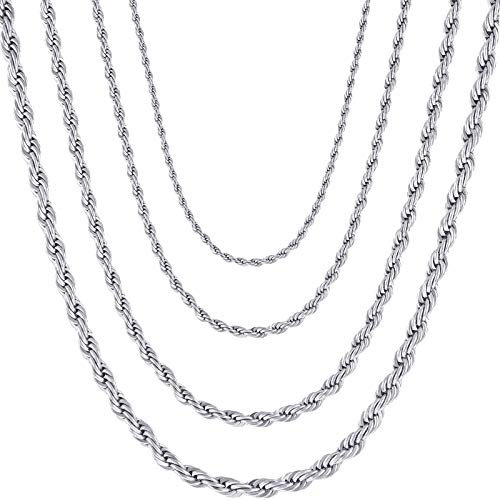 Collana da Uomo Donna Catena di Corda Intrecciata Collegamento in Acciaio Inossidabile Larghezza 2.0 MM Lunghezza 75 CM Argento