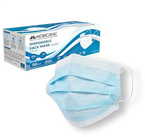 Mobiclinic, Mascherine chirurgiche iir, 100 unità, Marchio europeo, Mediche approvate, 3 strati, Filtrazione batterica ad alta efficienza 99, 8%, Standard en 14683:2019, Ce