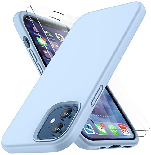 CellEver Ultra Durable Silicone for iPhone 12/12 Pro Case with [2 pcs Glass Screen Protector] Slim Full Body Protection, Protective Phone Cover with Soft Anti-Scratch Microfiber Lining - Light Blue