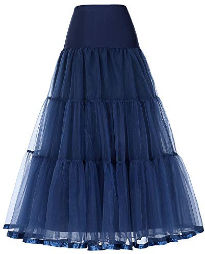 Linghe 50er Langer Petticoat gekräuselte Krinoline Vintage Hochzeit Braut Petticoat für Brautkleider Unterrock Rockabilly Tutu Rock (Navy blau, M)