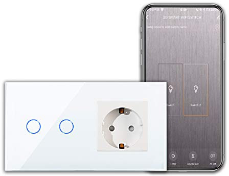 CNBINGO Smart Touchschalter mit Schuko Steckdose unterputz mit Glasrahmen, WLAN Lichtschalter Arbeit mit Alexa, Google Assistant, Wandschalter zweifach in Weiß, Ohne Neutralleiter