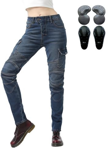 oFzimTo Motorradhose Damen, Motorrad Jeans Damen mit Protektoren, XXS-4XL Stretch Motorrad Hosen (Blue,L)