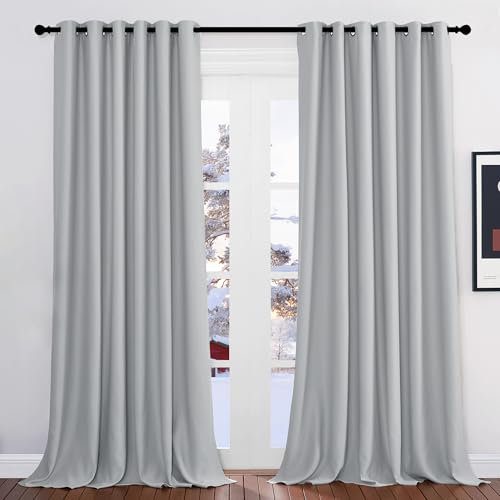 PONY DANCE Thermogardine Wärmeisolierend Verdunklungsvorhänge Ösen 2er Set H 245 x B 200 cm Abdunkelnde Gardinen für Wohnzimmer/Schlafzimmrt Ösenvorhang Blickdicht, Silbergrau