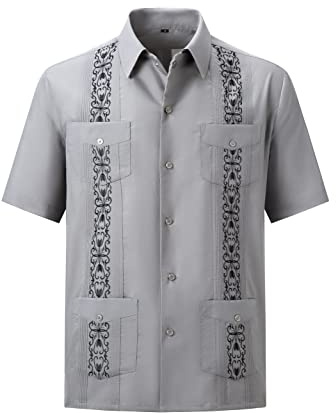 Mens Snap Shirts Casual Guayabera Shirts Short Sleeve(Gray,XL)