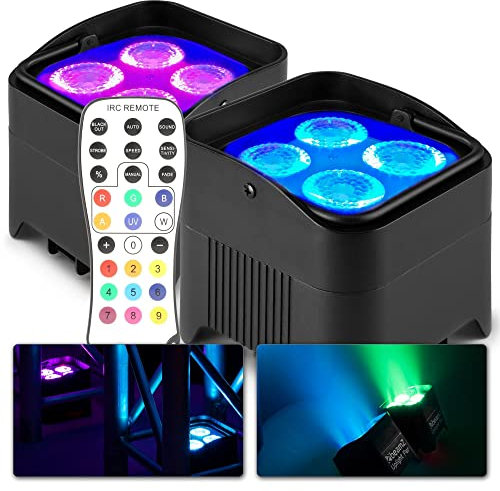 BeamZ BBP94W Uplight LED Par Strahler, 2er Set, 4 x 10 Watt, Akku Bühnenbeleuchtung 2er Set für DJ Pult, Bühnenlicht, DMX-WLAN, Partylicht Musikgesteuert, Bühnenequipment, Fernbedienung
