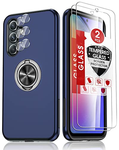 LeYi Hülle für Samsung Galaxy A54 5G Handyhülle mit 2*Schutz Glas Folie & 2*Kamera Folie, TPU Militärschutz Hybrid Schutzhülle mit 360° Metall Ring Halter Ständer Stoßfest Case Cover Blau
