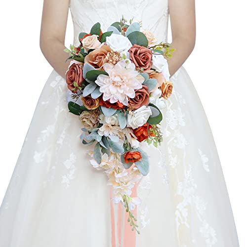 LICHENGTAI Romantische Brautstrauß Vintage Wasserfall Künstliche Hochzeitsstrauß Rosenblüten Kunst Blumenstrauß Mit Bändern, Seidenblumen Hochzeit Zeremonie Kapelle Antrag Jahrestag, Champagne