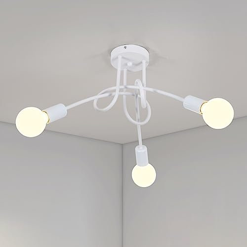 Riserva Deckenleuchte Vintage 3-Flammig, Modern Industrielle Deckenlampe Metall E27, DIY Kreative Kronleuchter für Wohnzimmer Esszimmer Küche Hotel Café, 40cm, Weiß (ohne Glühbirne)
