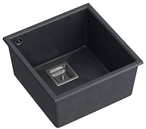 QUADRON fregadero de cocina fregadero de granito de un seno | tamaño 41 x 42 x 22,5 cm color: negro y acero | DAVID 40 fregadero de 1 seno | fregadero moderno con sifón manual