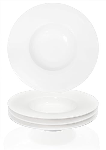 Creativity Home Ceramic Wide Rimmed Soup Plate, Soup Bowl 8 oz, Pasta Bowl Set of 4, White Shallow Bowl Plate with Rim, Best choice for high-end restaurants, hotels, and foodies, 9.6 Inch