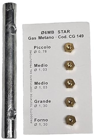 KIT 5 Ugelli 6MB Gas Metano Universali per Cucine e Forni Misure Piccolo 0,78-2x Medio 1,03 - Grande 1,30 - Forno 1,30 1 CHIAVE A TUBO 6X7