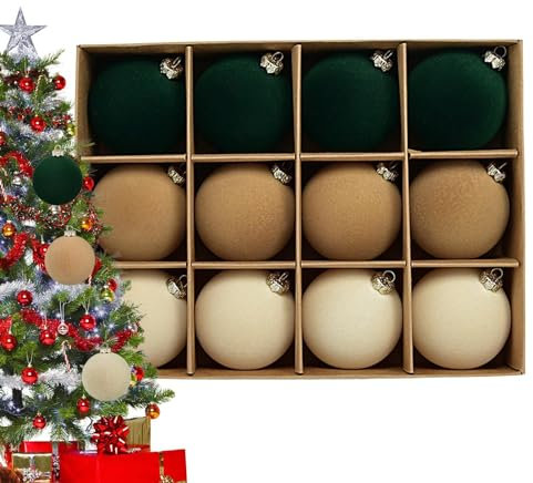Niktule 12 Stück samt weihnachtskugeln,dekorative,Weihnachtskugeln,christbaumkugeln beige,Kugelornamente aus beflocktem Samt für Baumschmuck,Weihnachtsbaumschmuck,Baumanhänger,Kugeln für