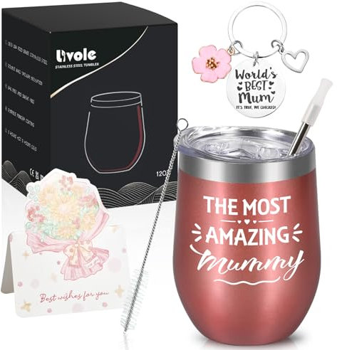Livole Mothers Day Gifts from Daughter, Son, Mummy Mug, Mum Presents, The Most Amazing Mummy, Christmas Gifts for Mum on Her Birthday, 12oz Double Walled Travel Mug, 350ml Insulated Cup with Straw