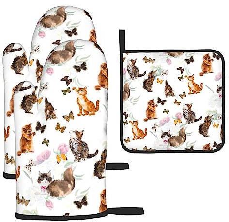 Wurton Ensemble de gants de cuisine antidérapants et maniques Motif chat papillon 14 x 27 cm